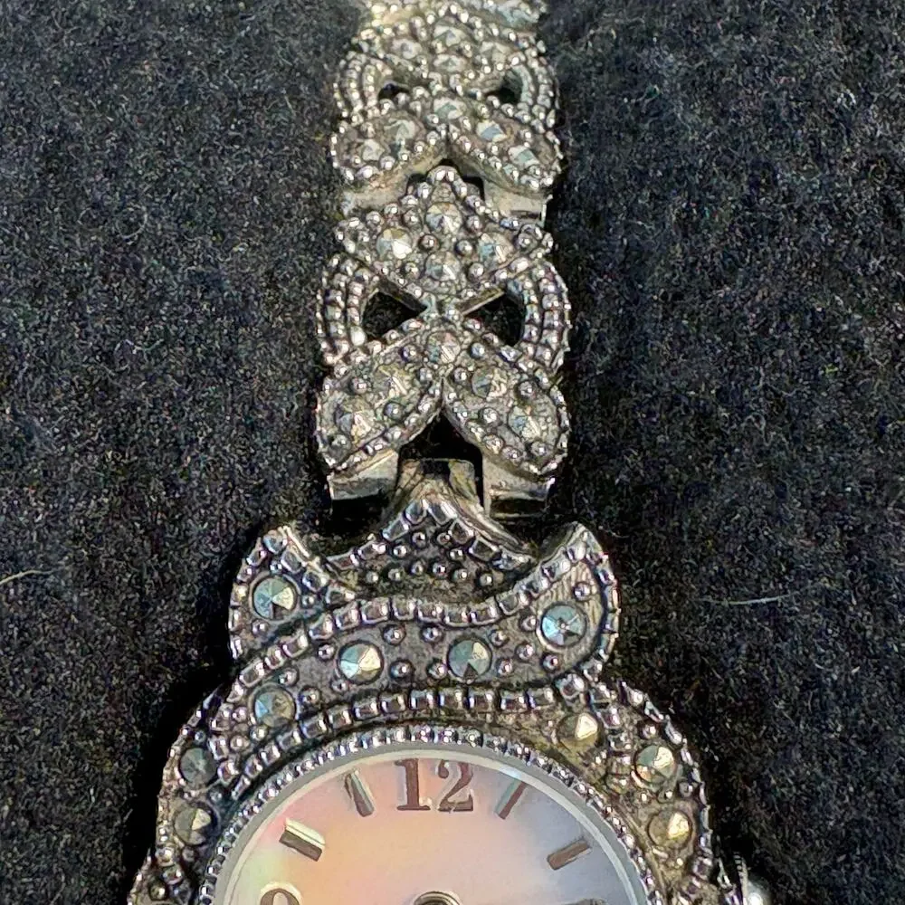 Vintage Avon Marcasite Bracelet Watch Art Deco Revival Silver Tone Quartz